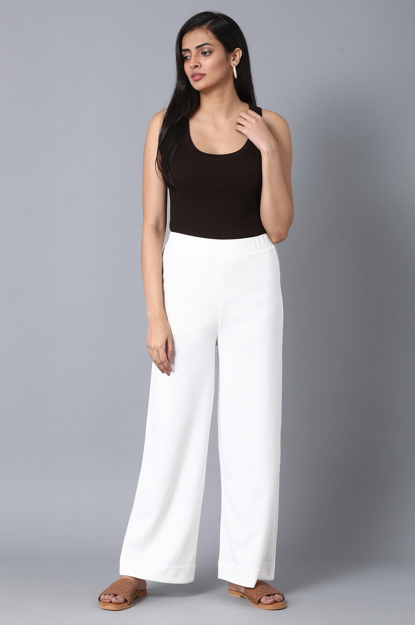White Solid Wide-leg Knit Palazzo with Elasticated Waistband
