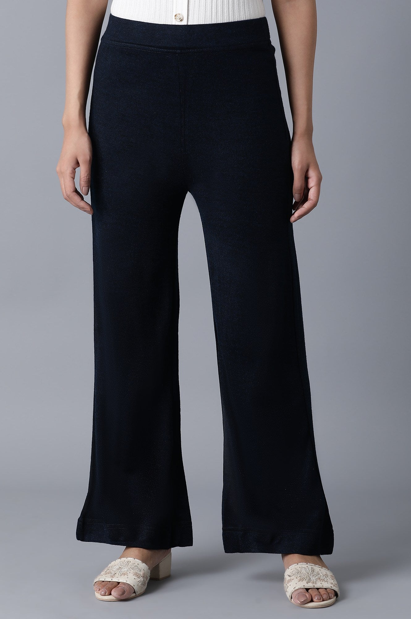 Navy Blue Solid Straight Fit Palazzo With Elasticated Waist