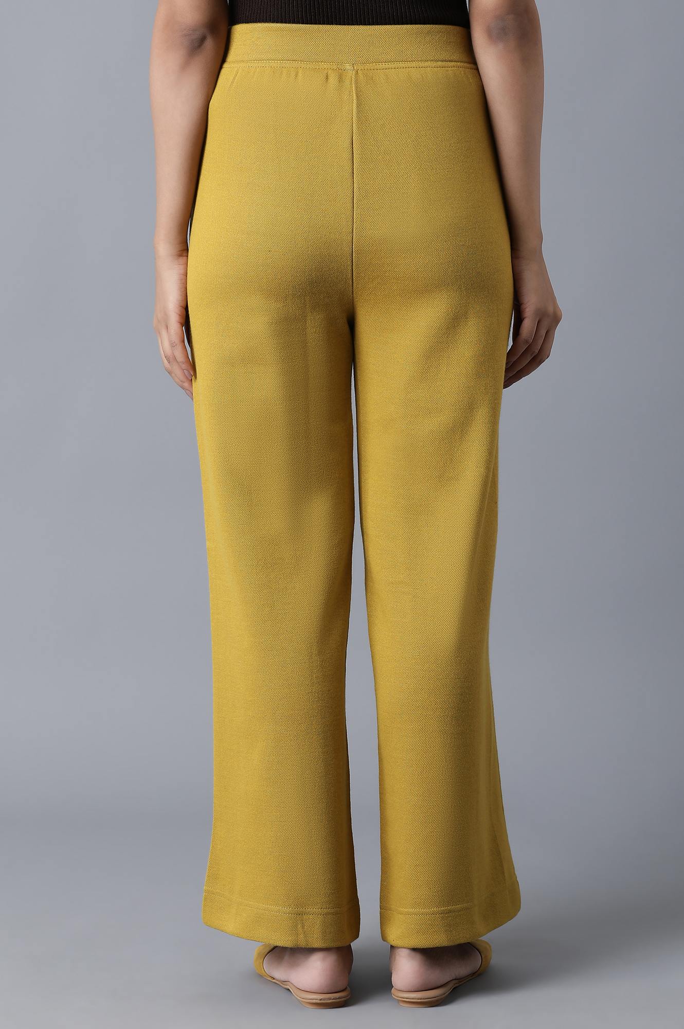 Mustard Solid Straight-fit Knit Palazzo with Elasticated Waistband