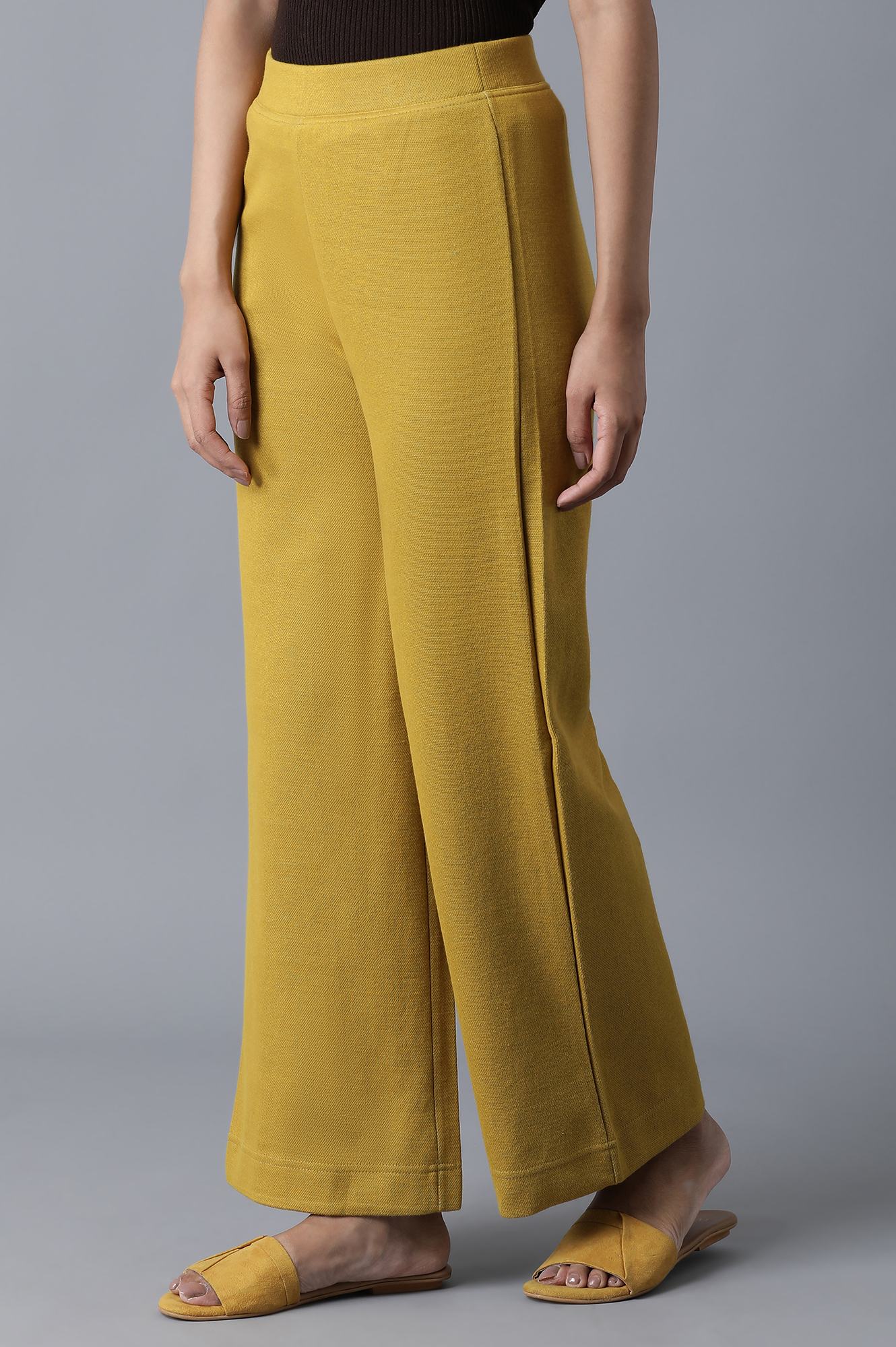 Mustard Solid Straight-fit Knit Palazzo with Elasticated Waistband