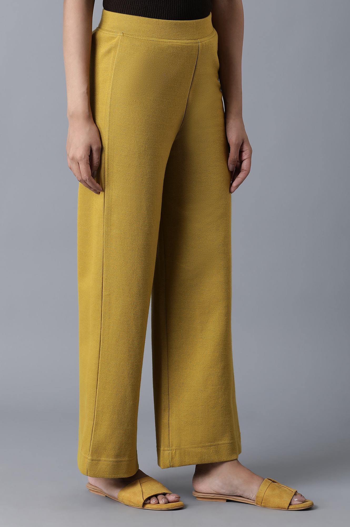 Mustard Solid Straight-fit Knit Palazzo with Elasticated Waistband