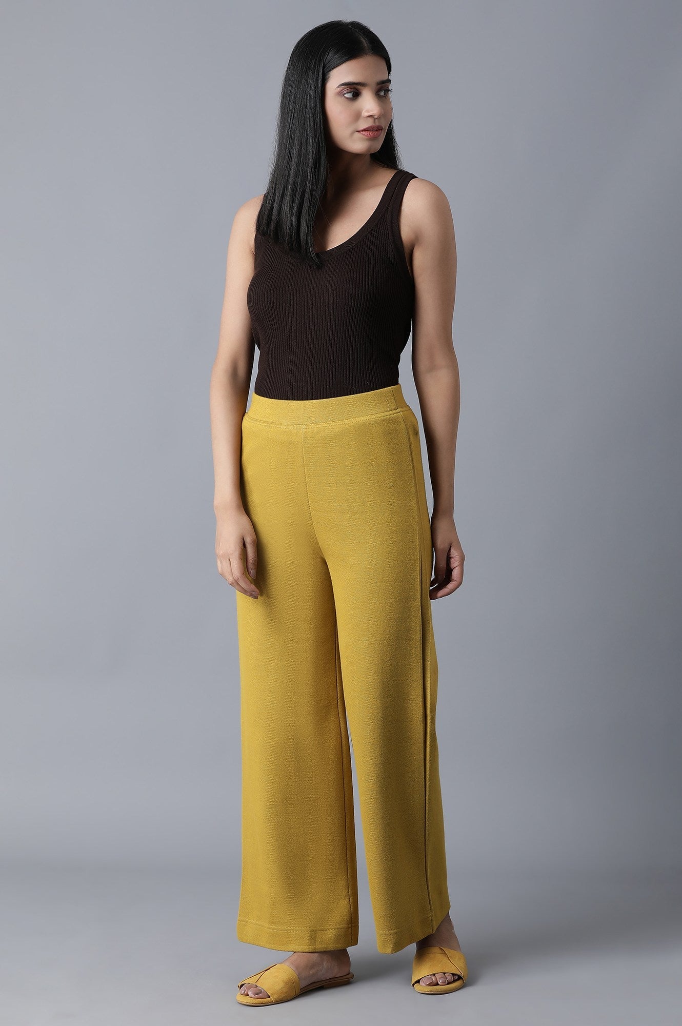 Mustard Solid Straight-fit Knit Palazzo with Elasticated Waistband