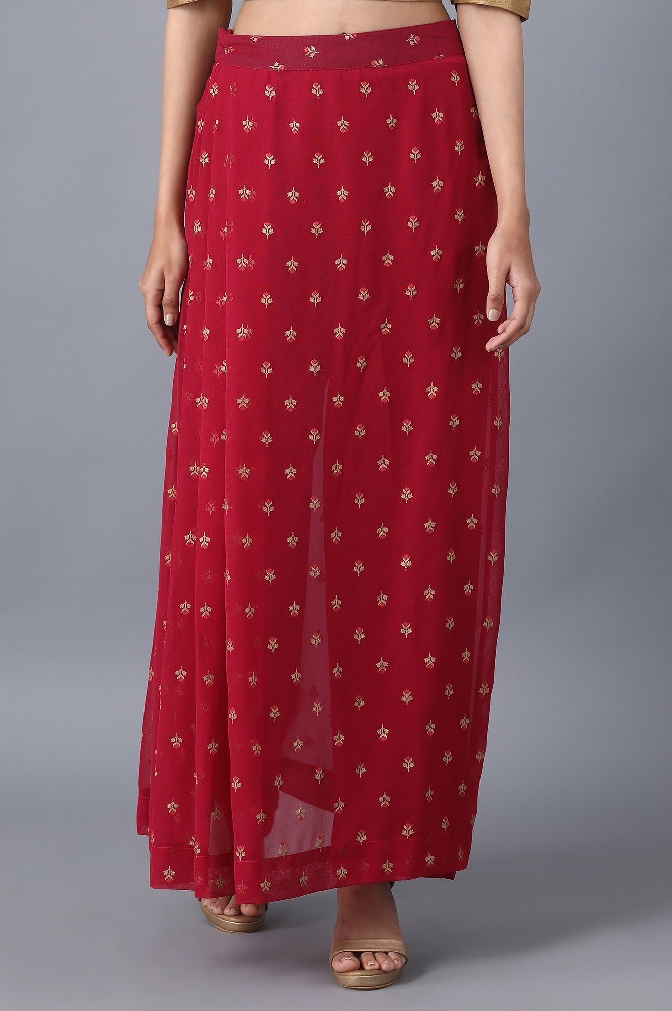 Red Floral Embroidered A-line Woven Palazzo with Side Zip