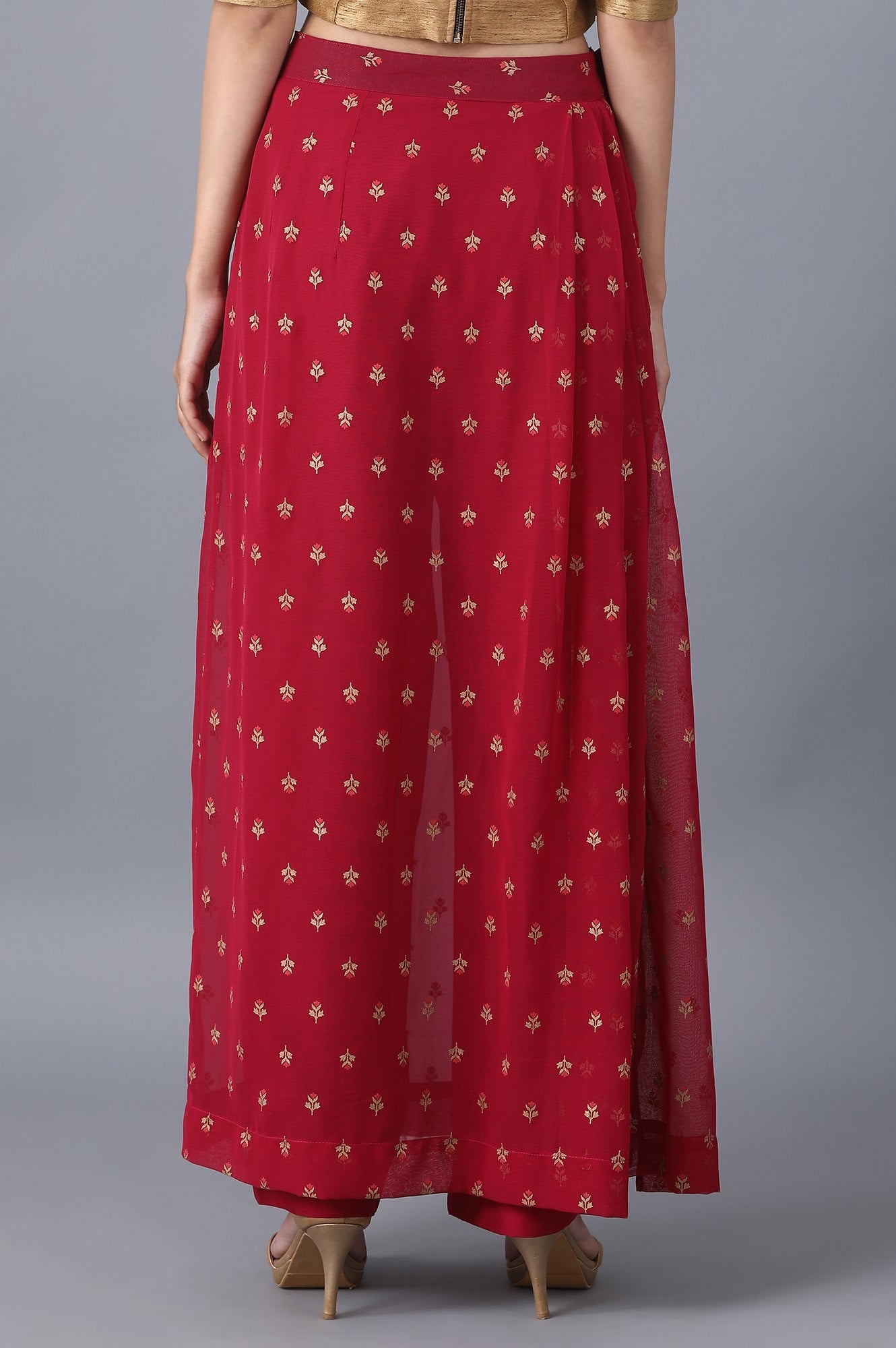 Red Floral Embroidered A-line Woven Palazzo with Side Zip
