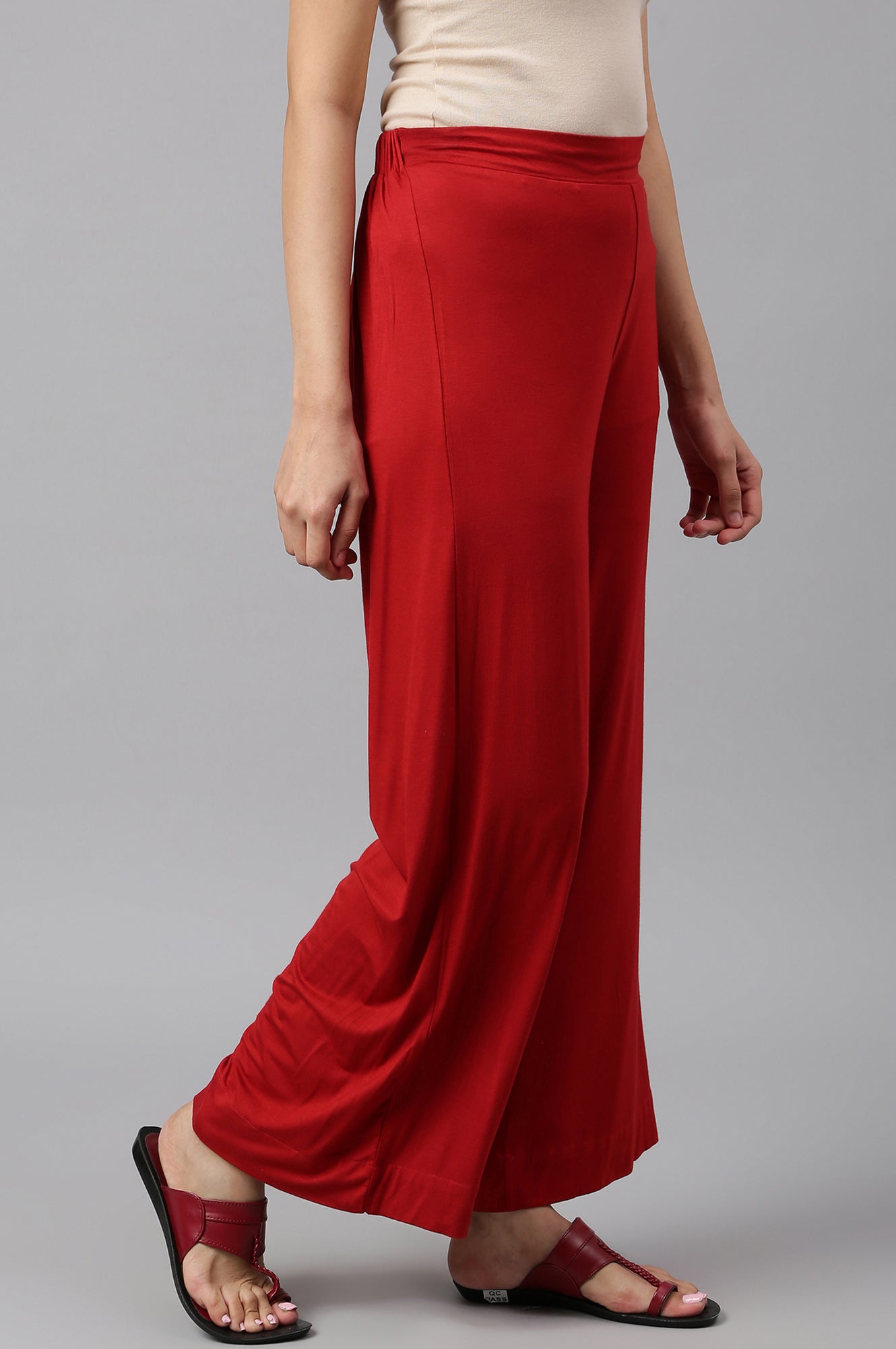 Red Solid Straight Fit Palazzo With Elasticated Waist