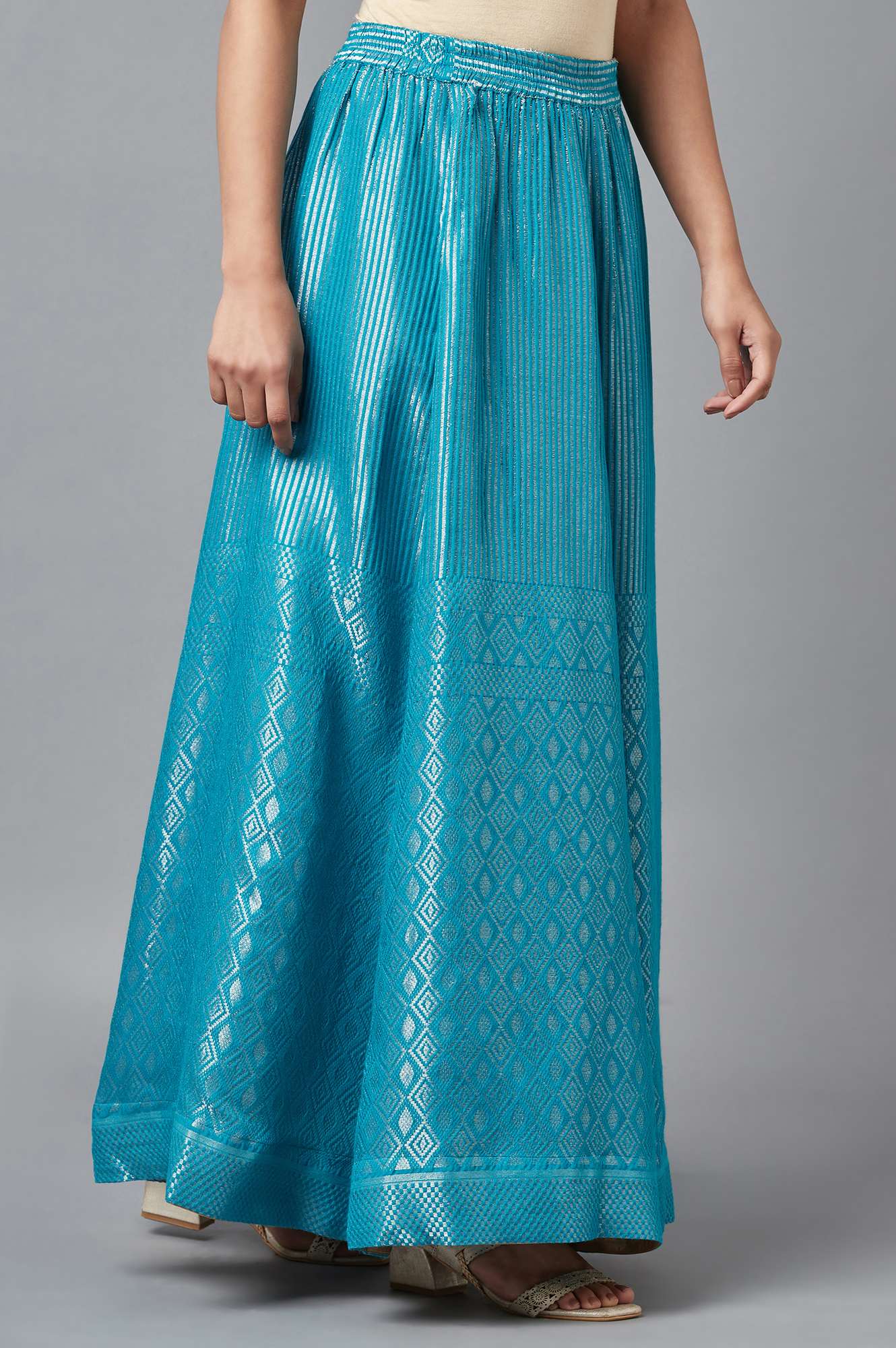 Turquoise Blue Dobby Printed Flared Silk Skirt with Elasticated Waist