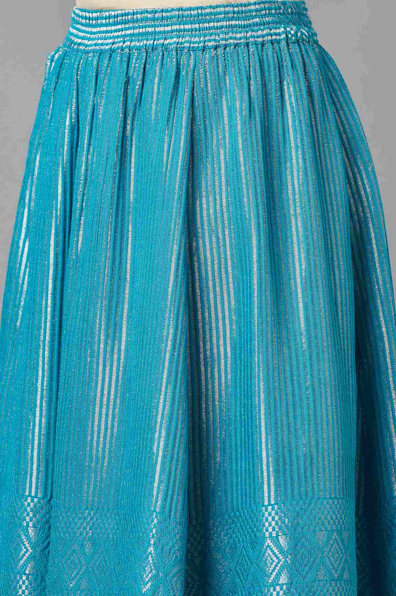 Turquoise Blue Dobby Printed Flared Silk Skirt with Elasticated Waist