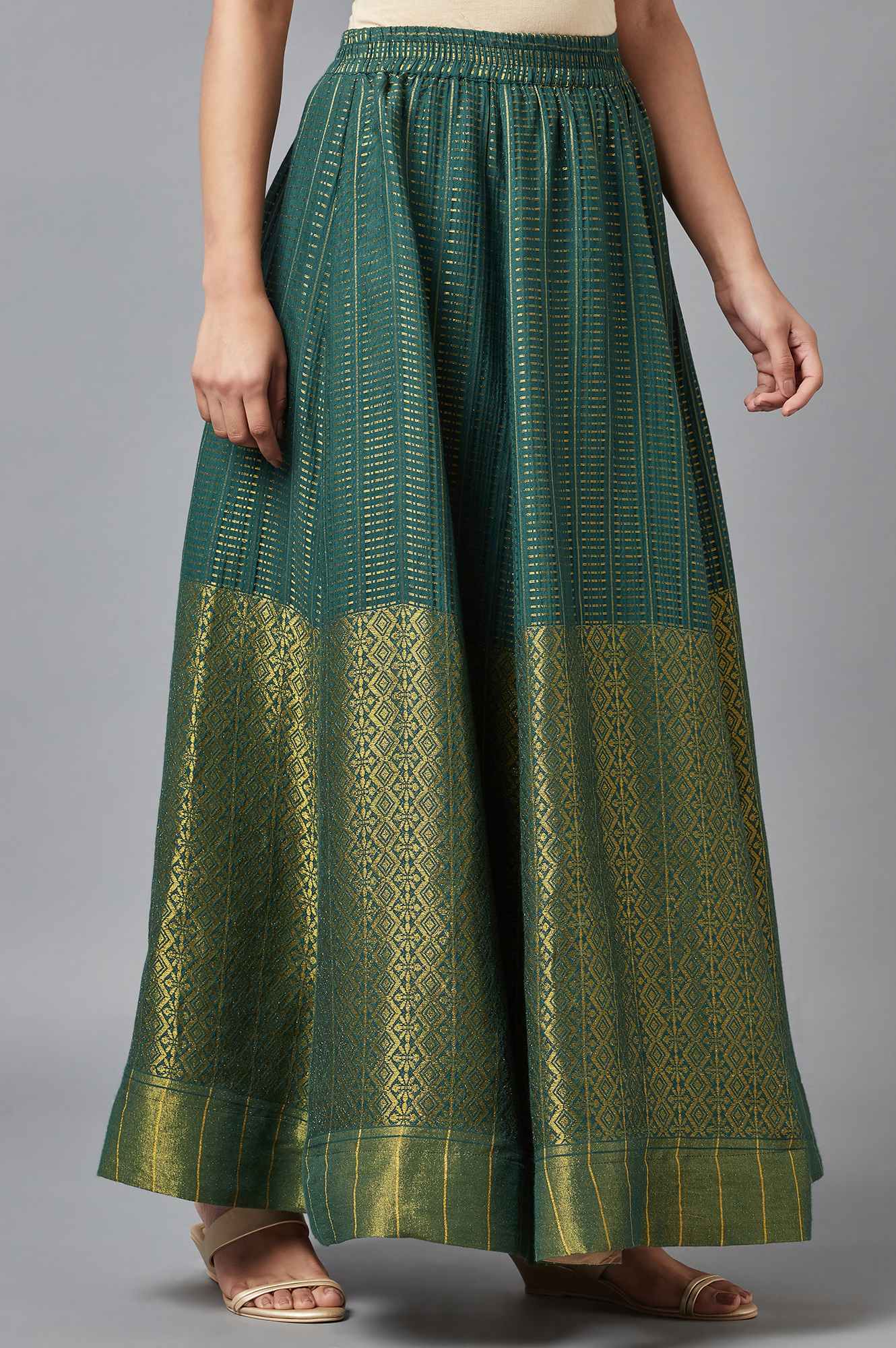 Green Dobby Printed Flared Silk Skirt With Elasticated Waist