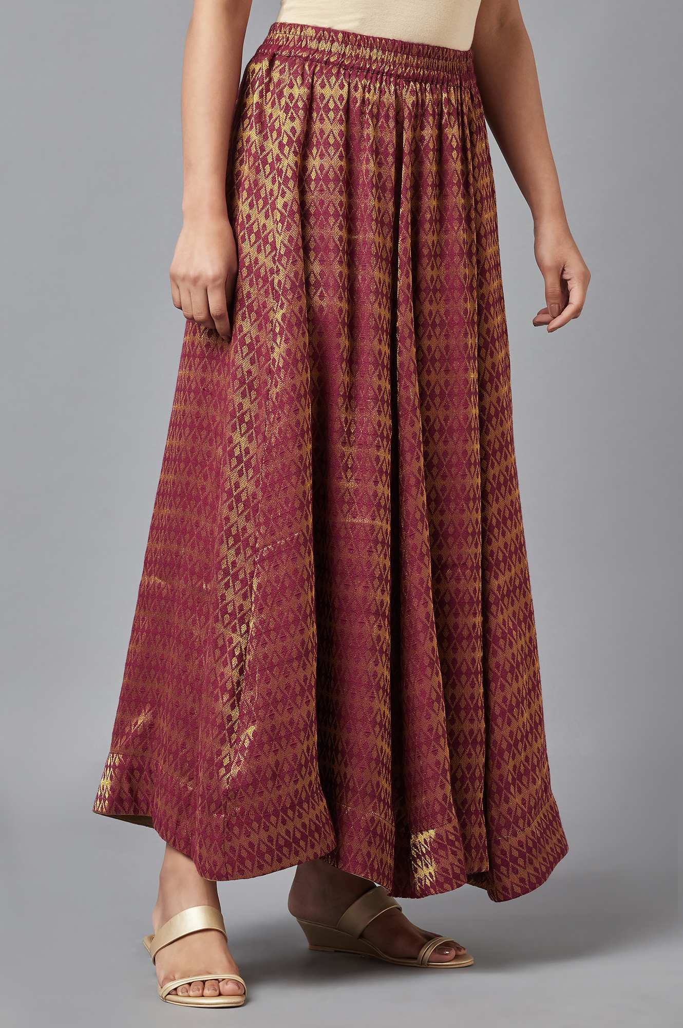 Maroon Dobby Flared Woven Skirt With Elasticated Waist