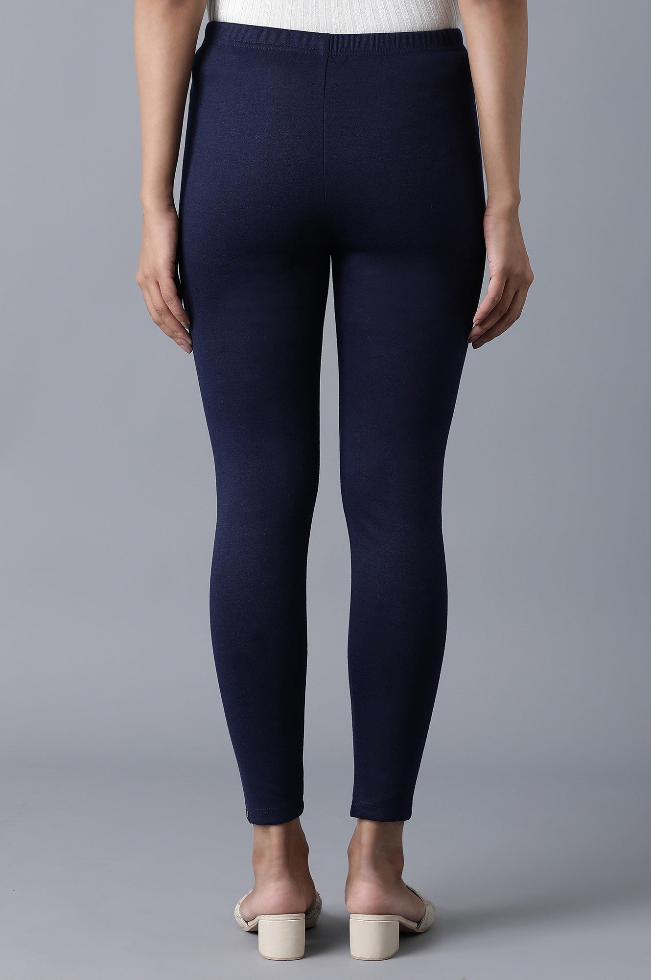 Navy Blue Solid Skinny Fit Cotton Tights With Elasticated Waist