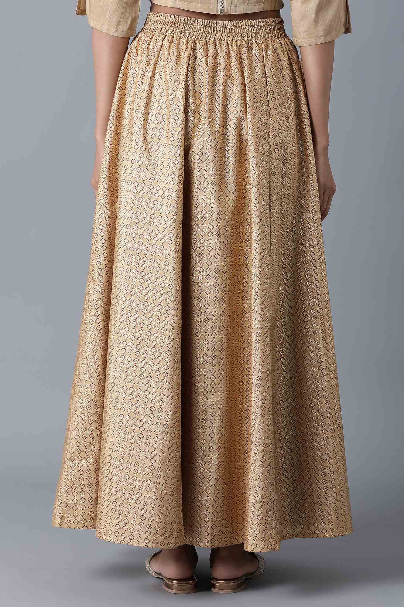 Red Floral Printed Flared Woven Skirt With Elasticated Waist