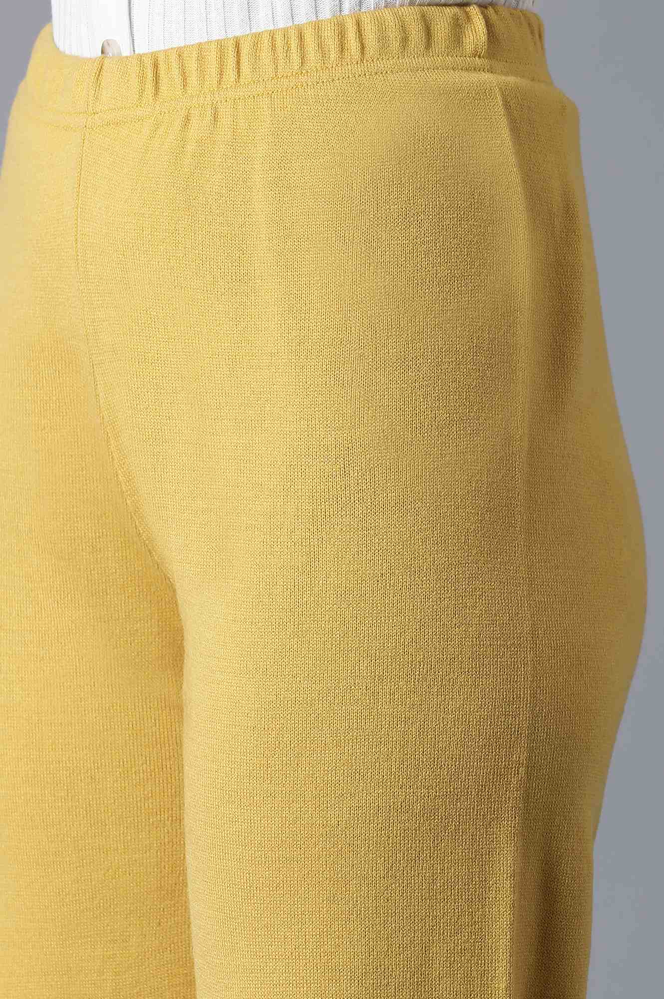 Mustard Pointelle Flared Knit Palazzo with Elasticated Waist