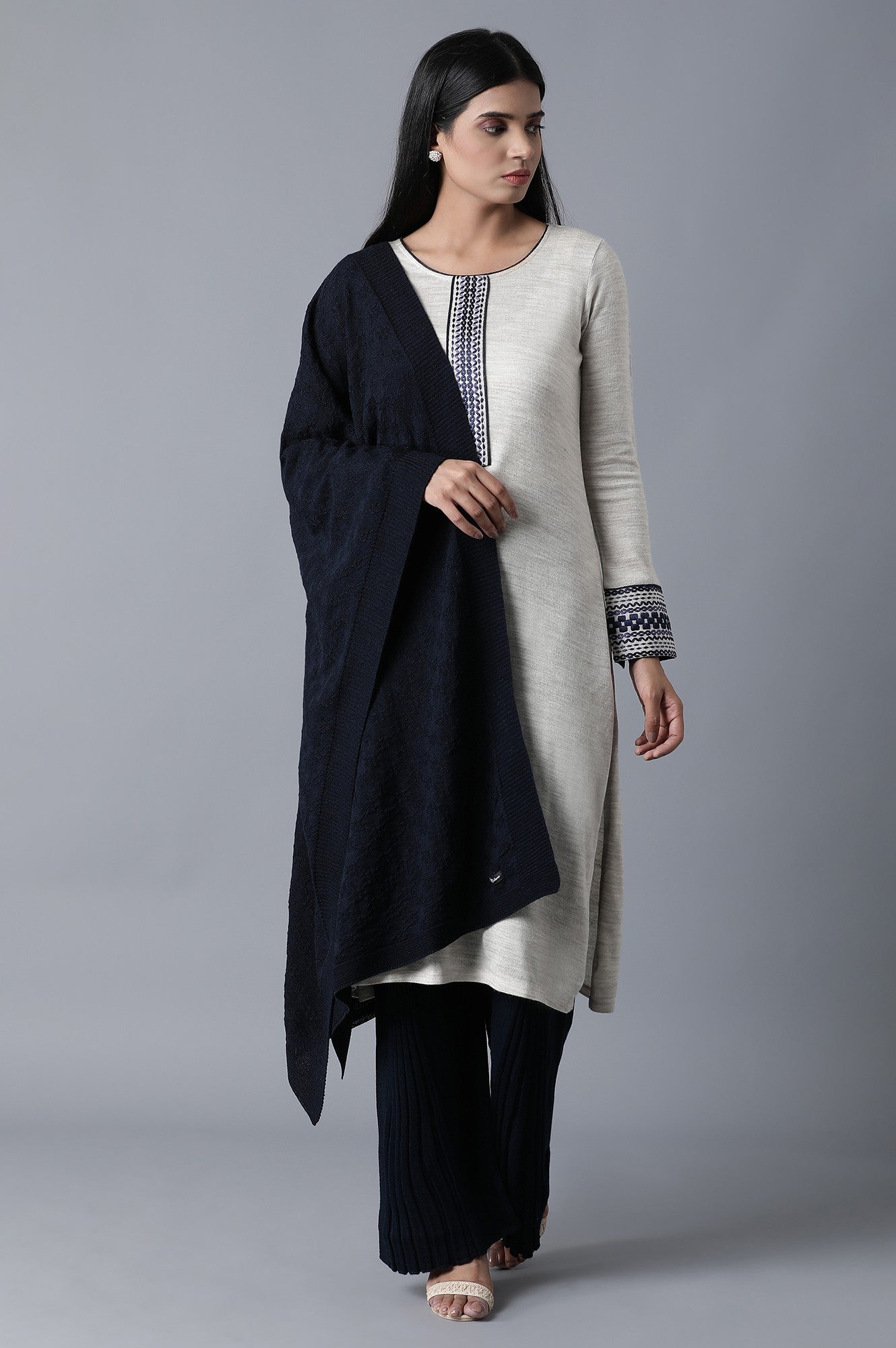 Navy Blue Pointelle Flared Palazzo With Elasticated Waistband