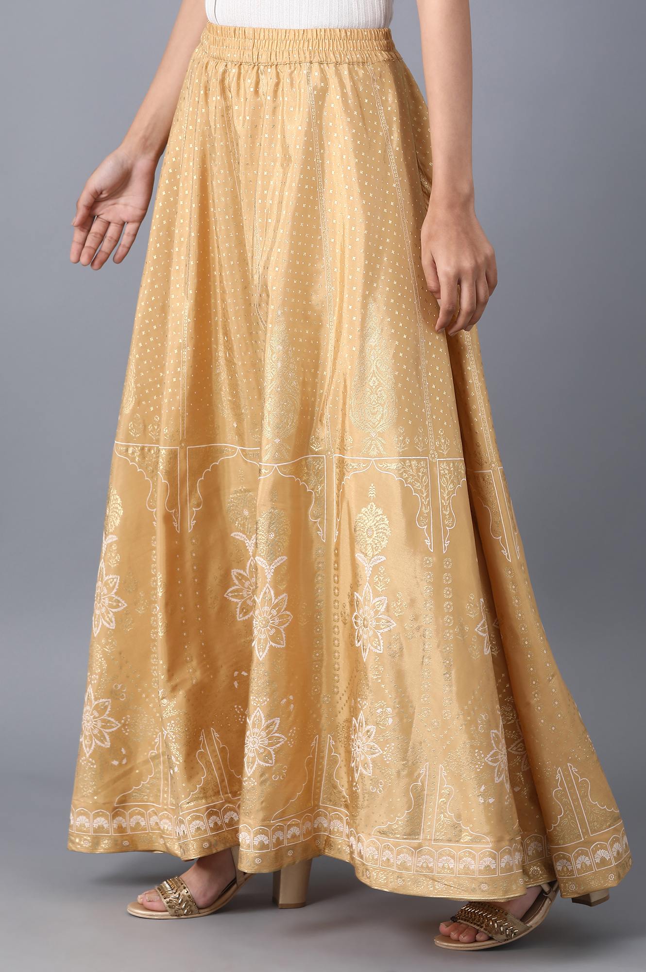 Gold Floral Printed Flared Silk Skirt With Elasticated Waist