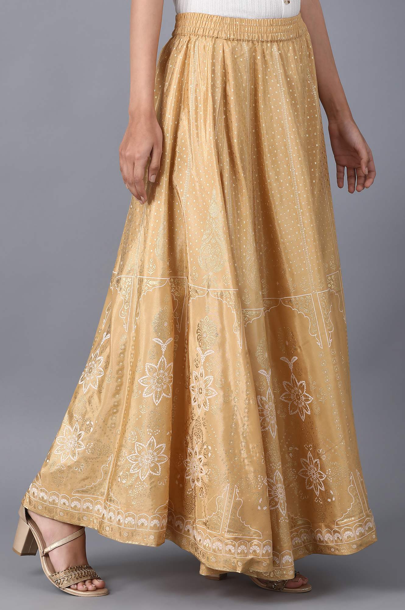Gold Floral Printed Flared Silk Skirt With Elasticated Waist