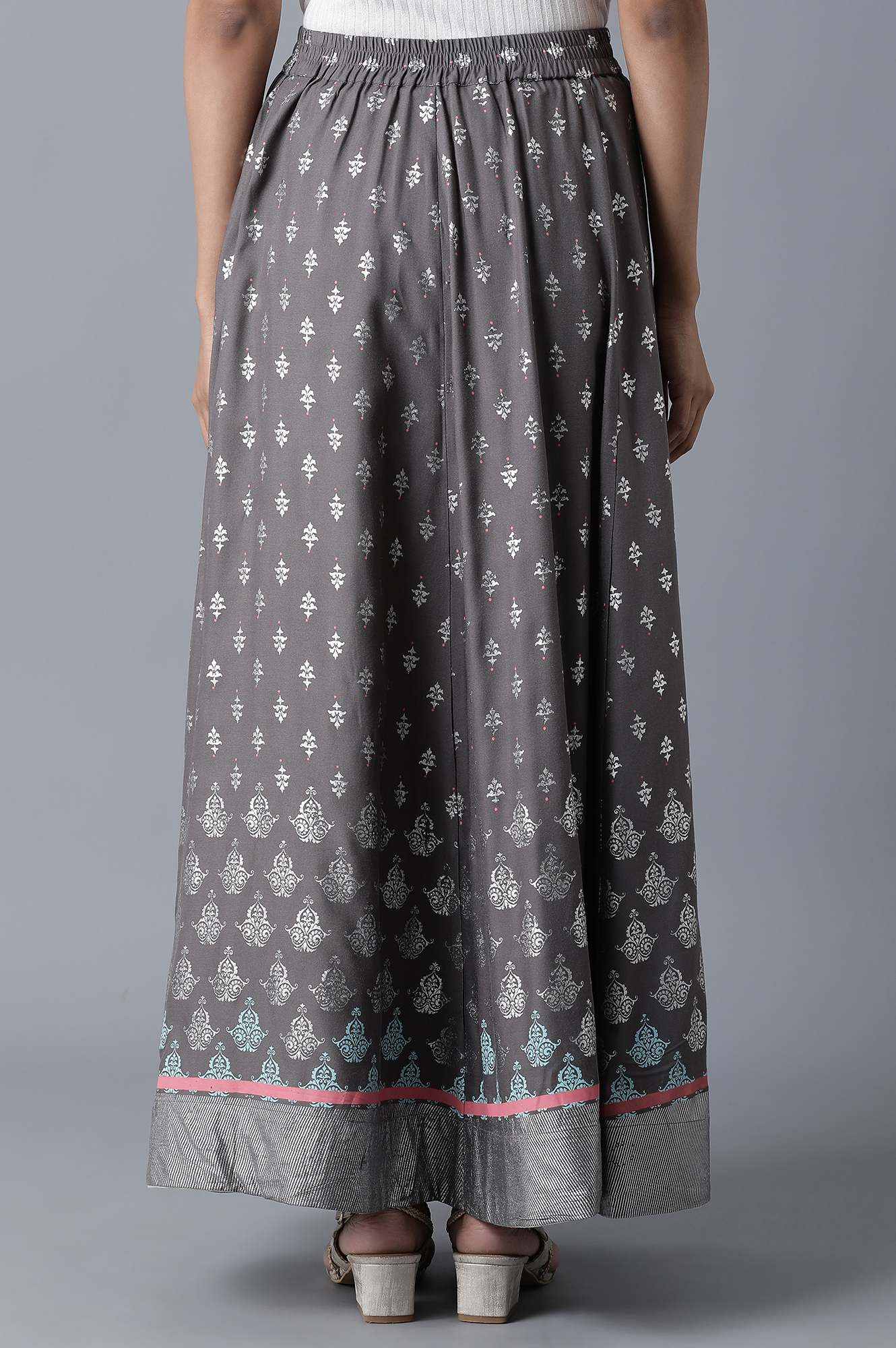 Grey Floral Printed Flared Woven Skirt With Elasticated Waist