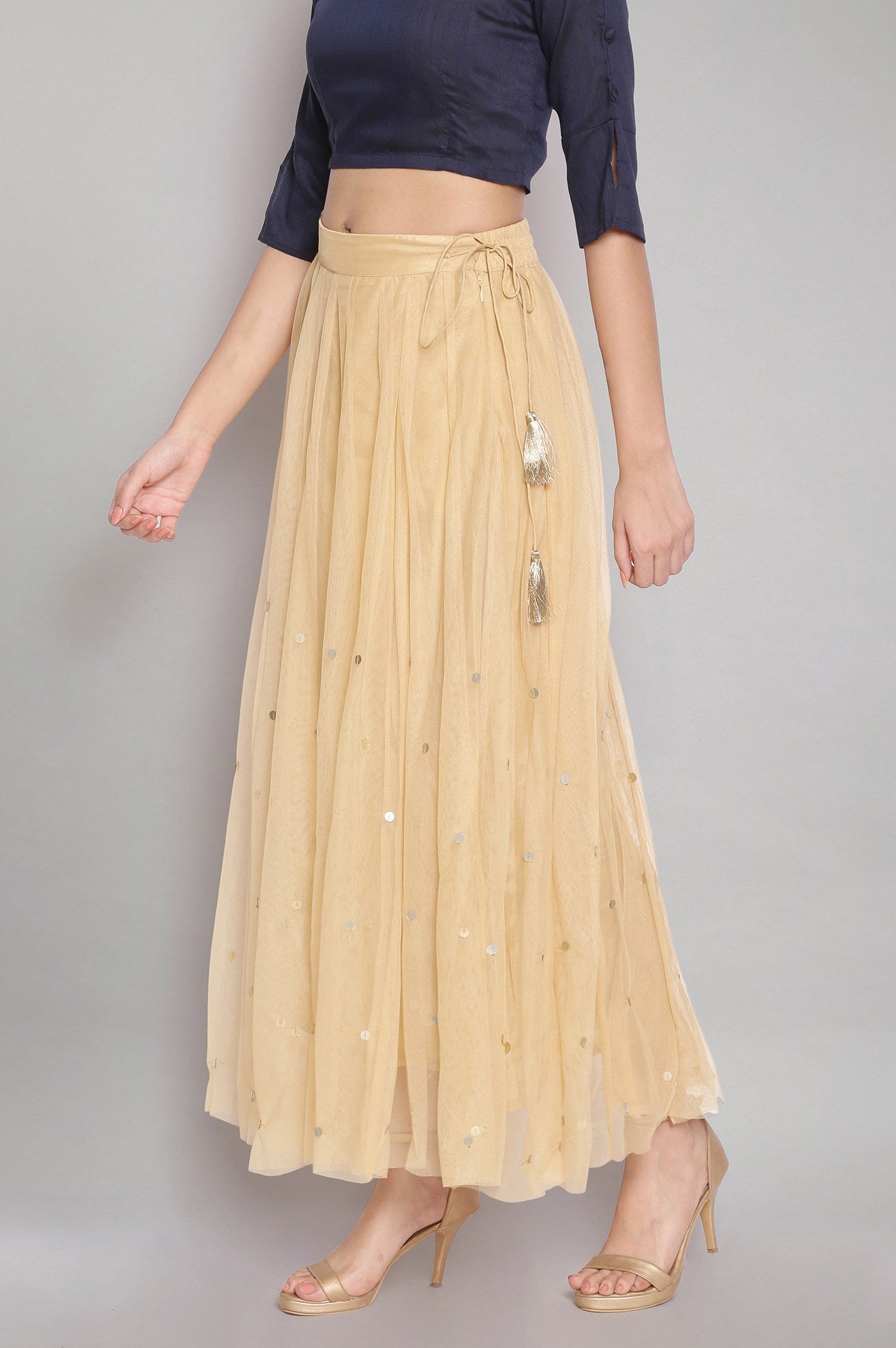 Gold Solid Sequin Flared Woven Skirt