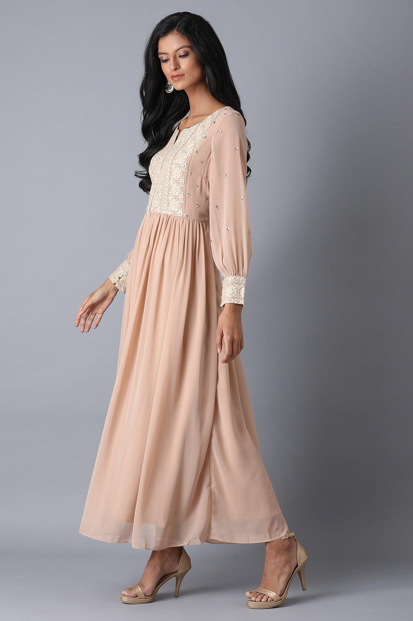Beige Gathered Dress - wforwoman