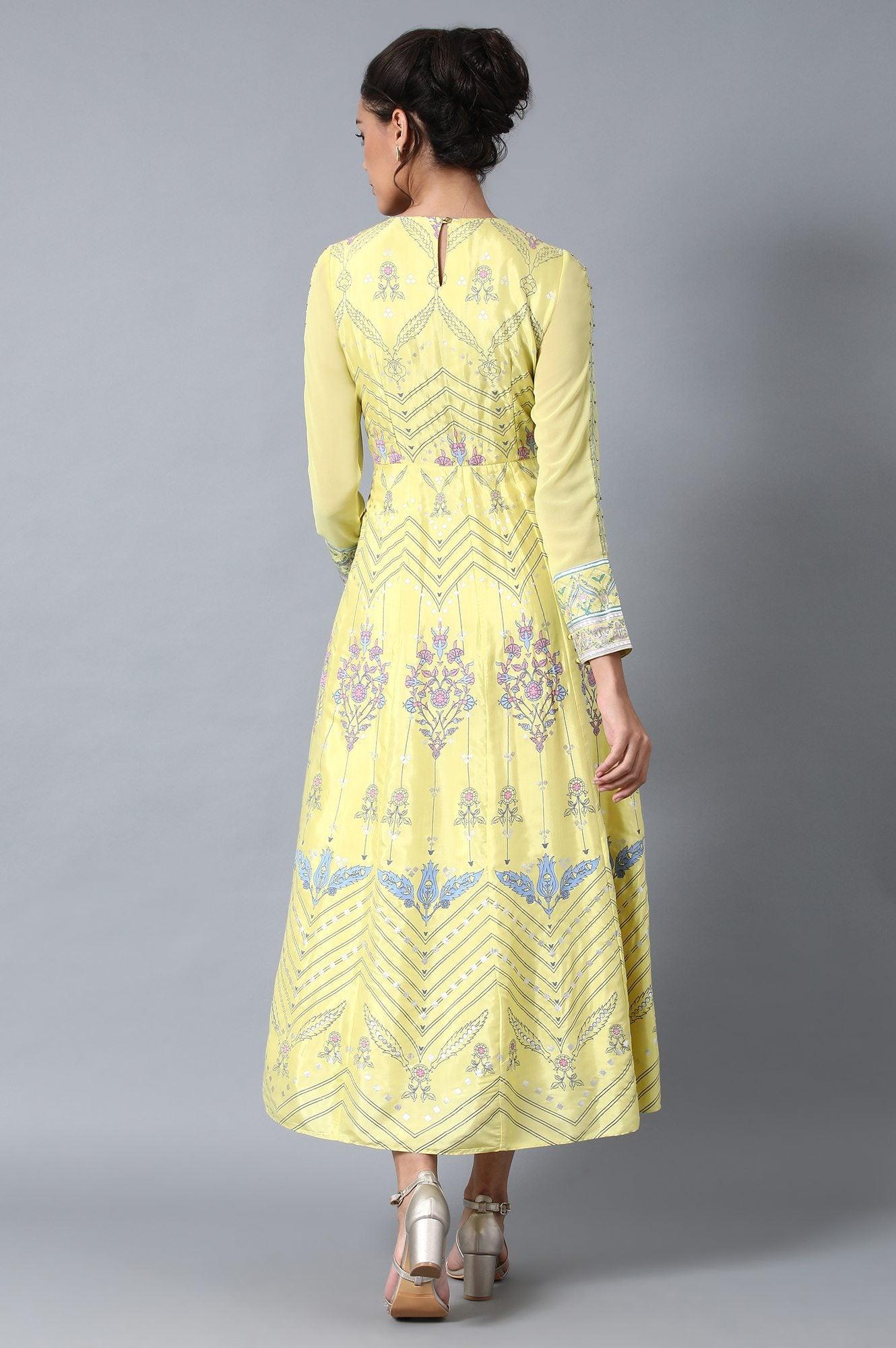Yellow Round Neck Festive Dress - wforwoman