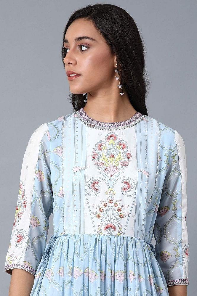 Blue Round Neck Gathered Dress - wforwoman