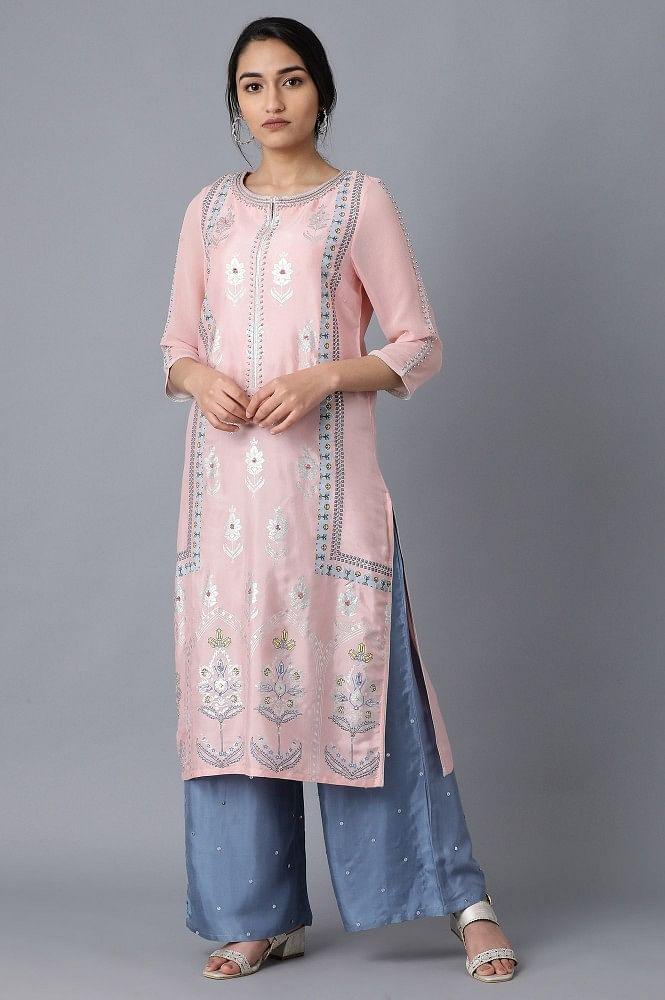 Pink Round Neck Printed kurta - wforwoman