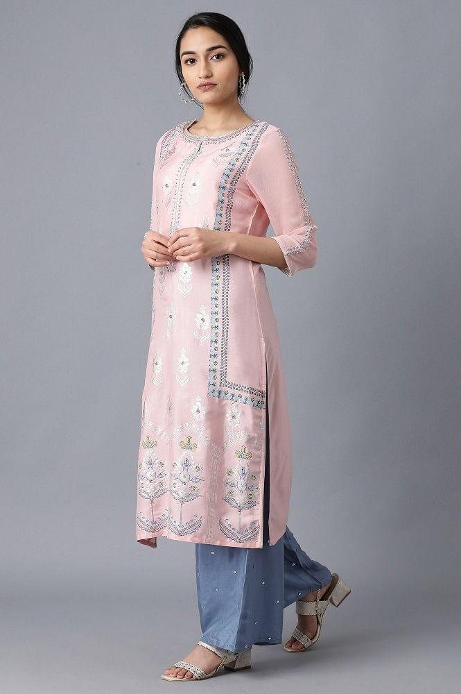 Pink Round Neck Printed kurta - wforwoman