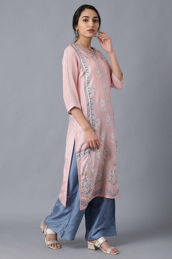 Pink Round Neck Printed kurta - wforwoman