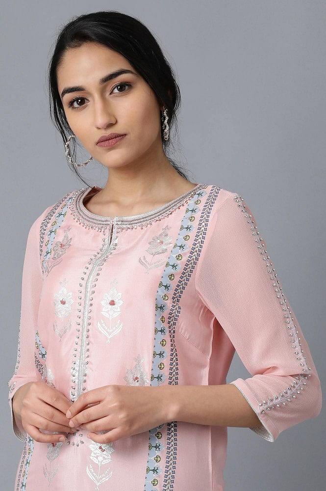 Pink Round Neck Printed kurta - wforwoman