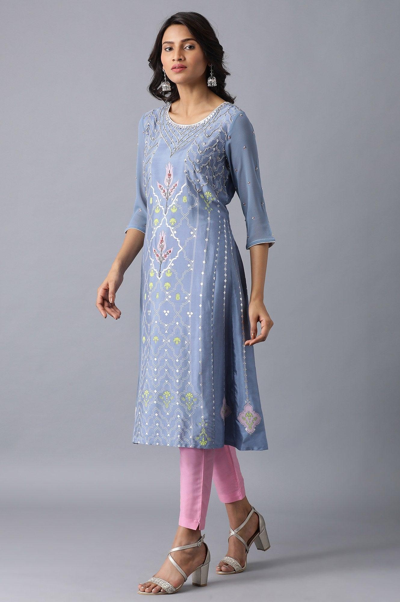 Blue Round Neck A-line kurta - wforwoman