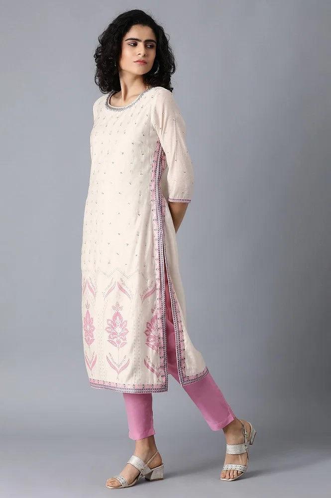 Ecru Round Neck Printed kurta - wforwoman