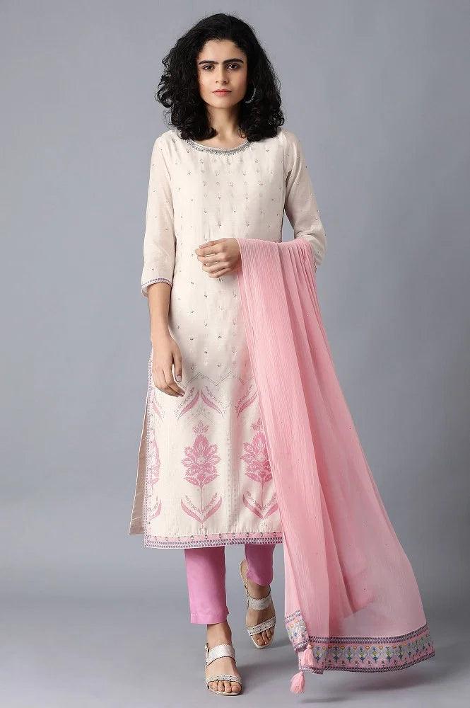 Ecru Round Neck Printed kurta - wforwoman