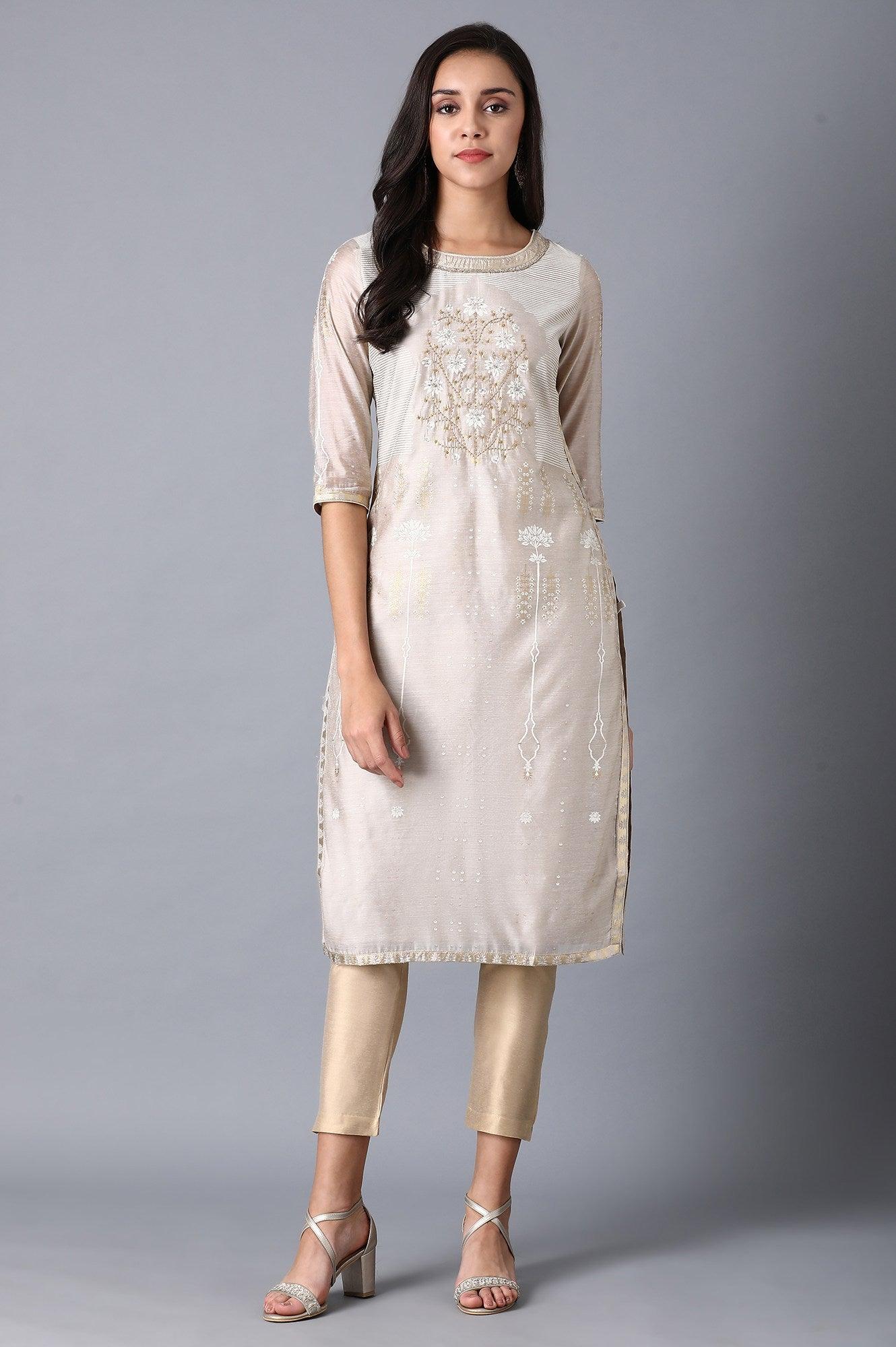Beige Multicoloured Chanderi kurta - wforwoman