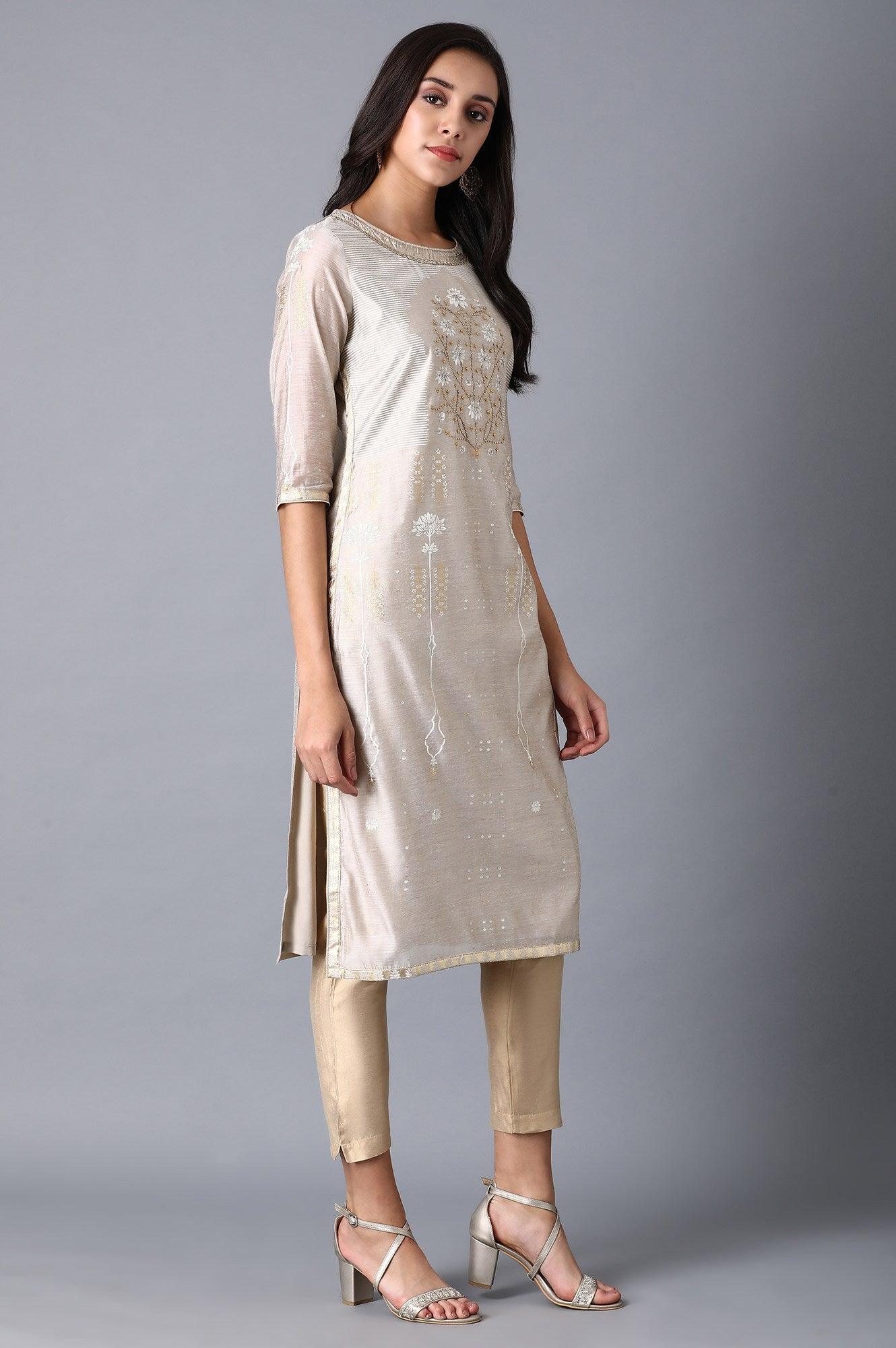 Beige Multicoloured Chanderi kurta - wforwoman