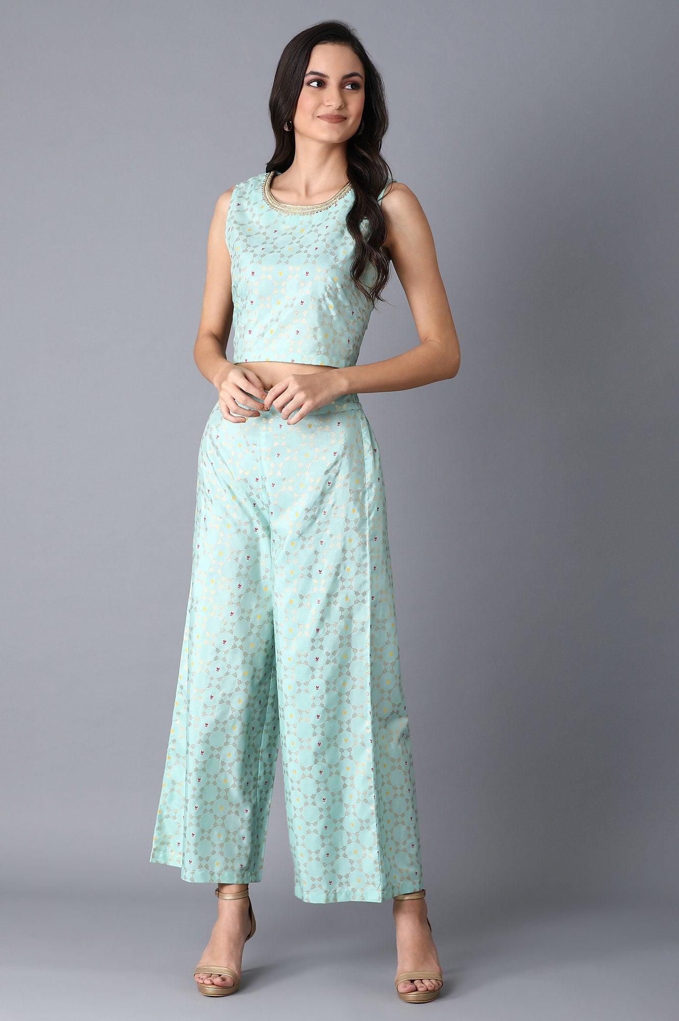 Mint Green Crop Top-Gillet-Pants Set - wforwoman