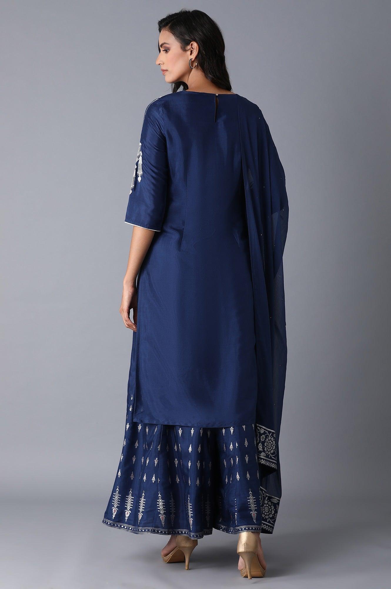 Navy Blue kurta-Culottes-Drape Set - wforwoman