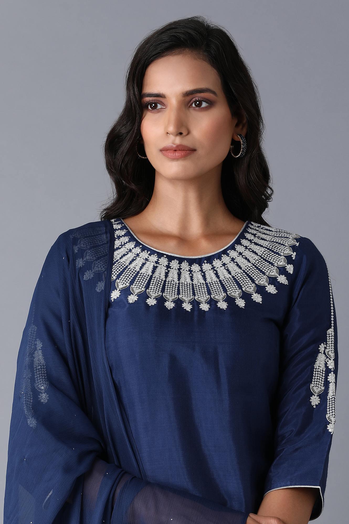 Navy Blue kurta-Culottes-Drape Set - wforwoman