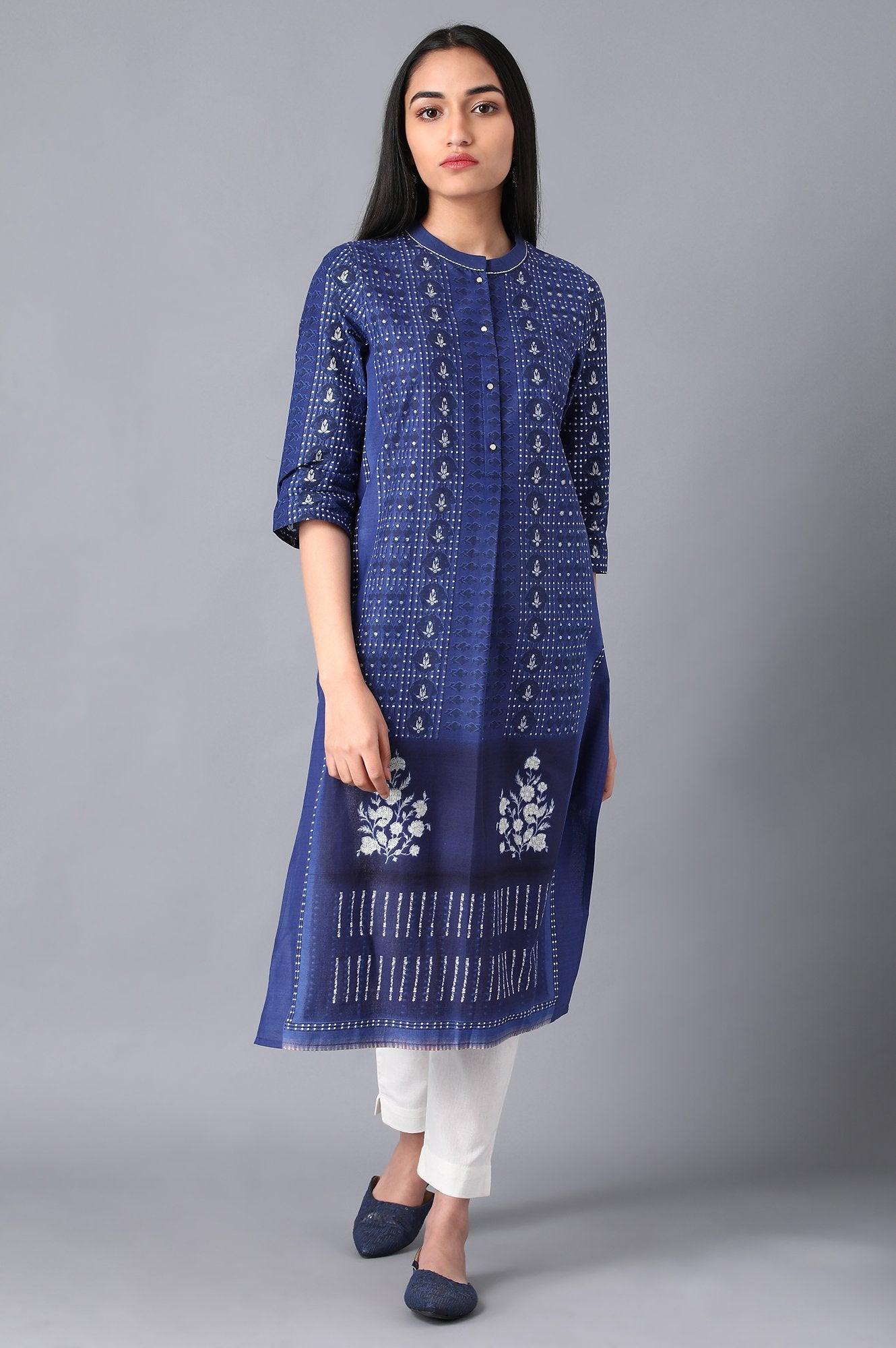 Blue Cotton Printed kurta in Mandarin Collar - wforwoman