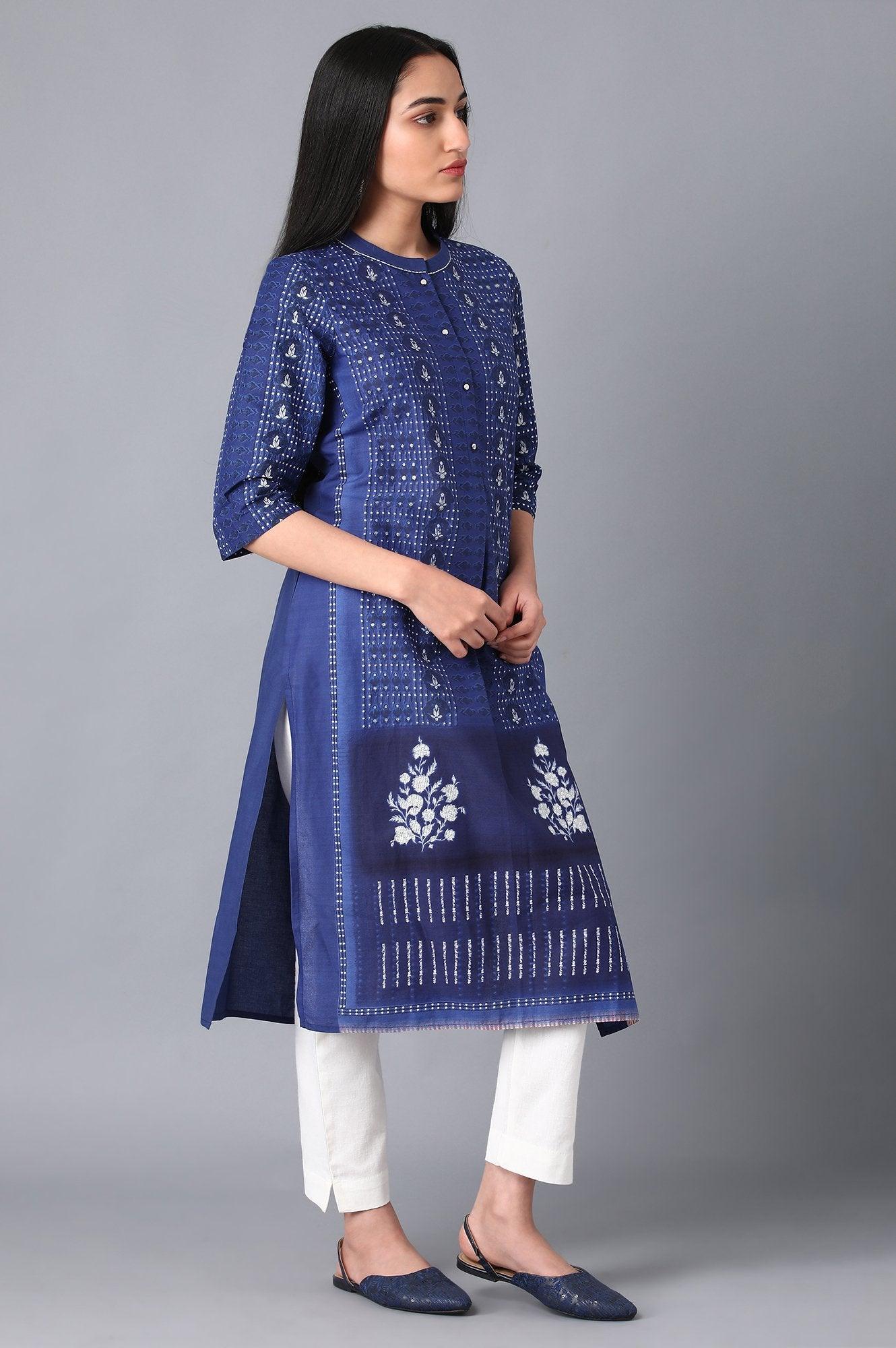 Blue Cotton Printed kurta in Mandarin Collar - wforwoman