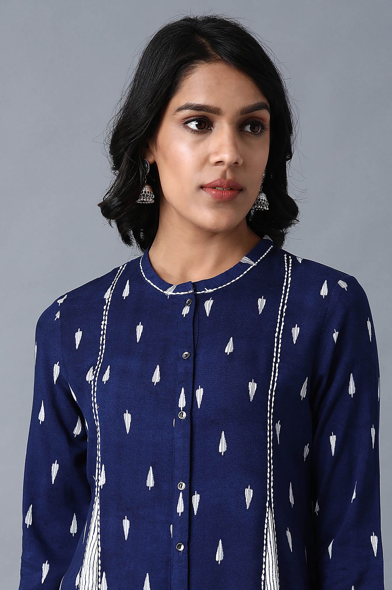 Blue Mandarin Neck Printed kurta