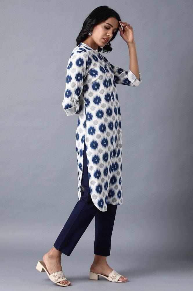 Ecru Mandarin Neck Printed kurta - wforwoman