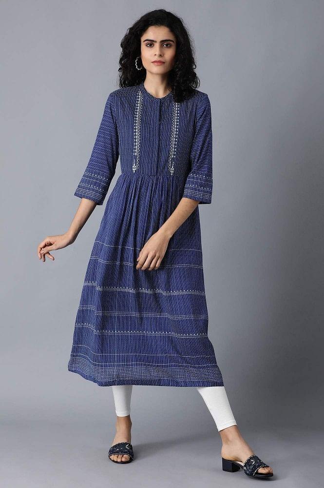 Blue Mandarin Neck Printed kurta - wforwoman