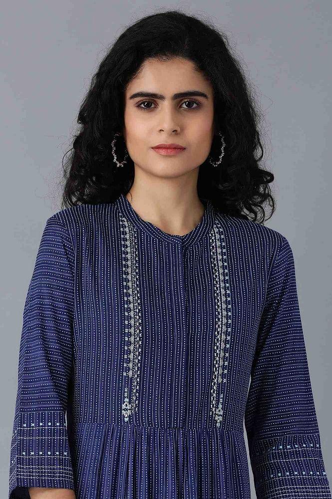 Blue Mandarin Neck Printed kurta - wforwoman