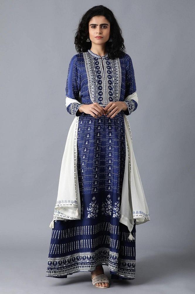 Blue Mandarin Neck Printed Festive Dress - wforwoman