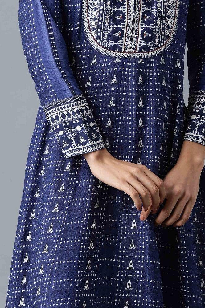 Blue Mandarin Neck Printed Festive Dress - wforwoman