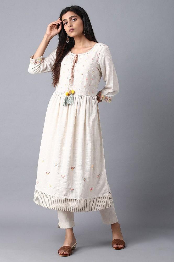Ecru Round Neck Embroidered Dress - wforwoman