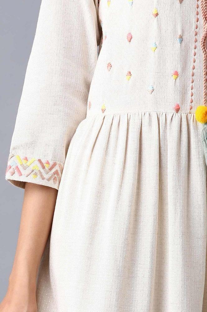 Ecru Round Neck Embroidered Dress - wforwoman