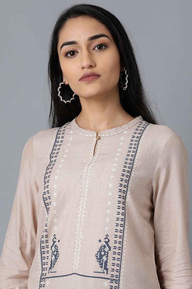 Beige Mandarin Neck kurta - wforwoman