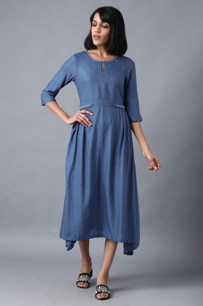 Blue Round Neck Flared Dress - wforwoman