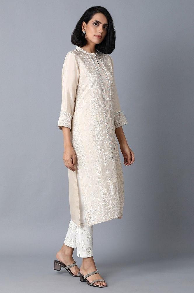 Beige Glitter Printed kurta - wforwoman