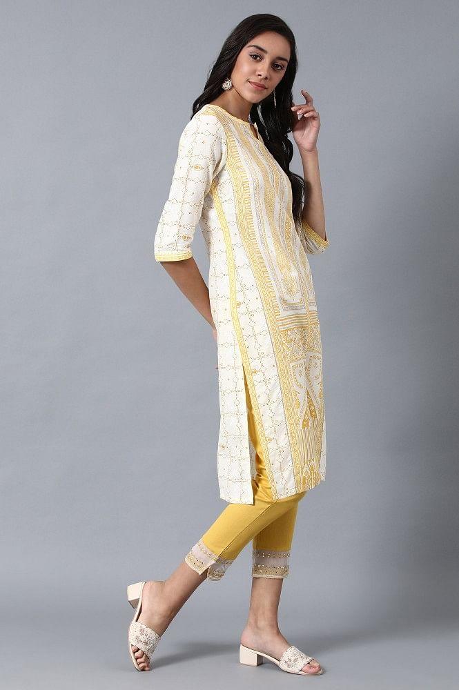 Yellow Round Neck Printed kurta - wforwoman